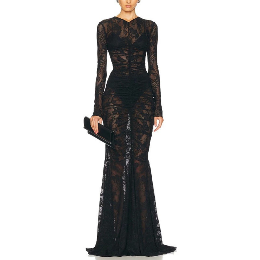 Zara Lace Mesh Long Sleeve Mermaid Dress Waist Evening Gown